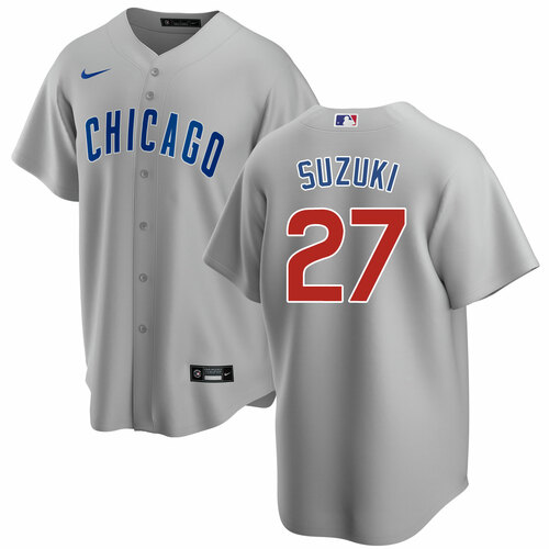 Men's Chicago Cubs #27 Seiya Suzuki Gray Cool Base Stitched Baseball Jersey